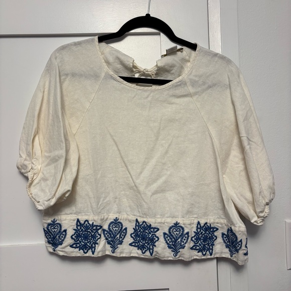 House of Harlow 1960 Tops - House Of Harlow Ivory and Blue Linen Blend Embroidered Floral Cropped Top - L